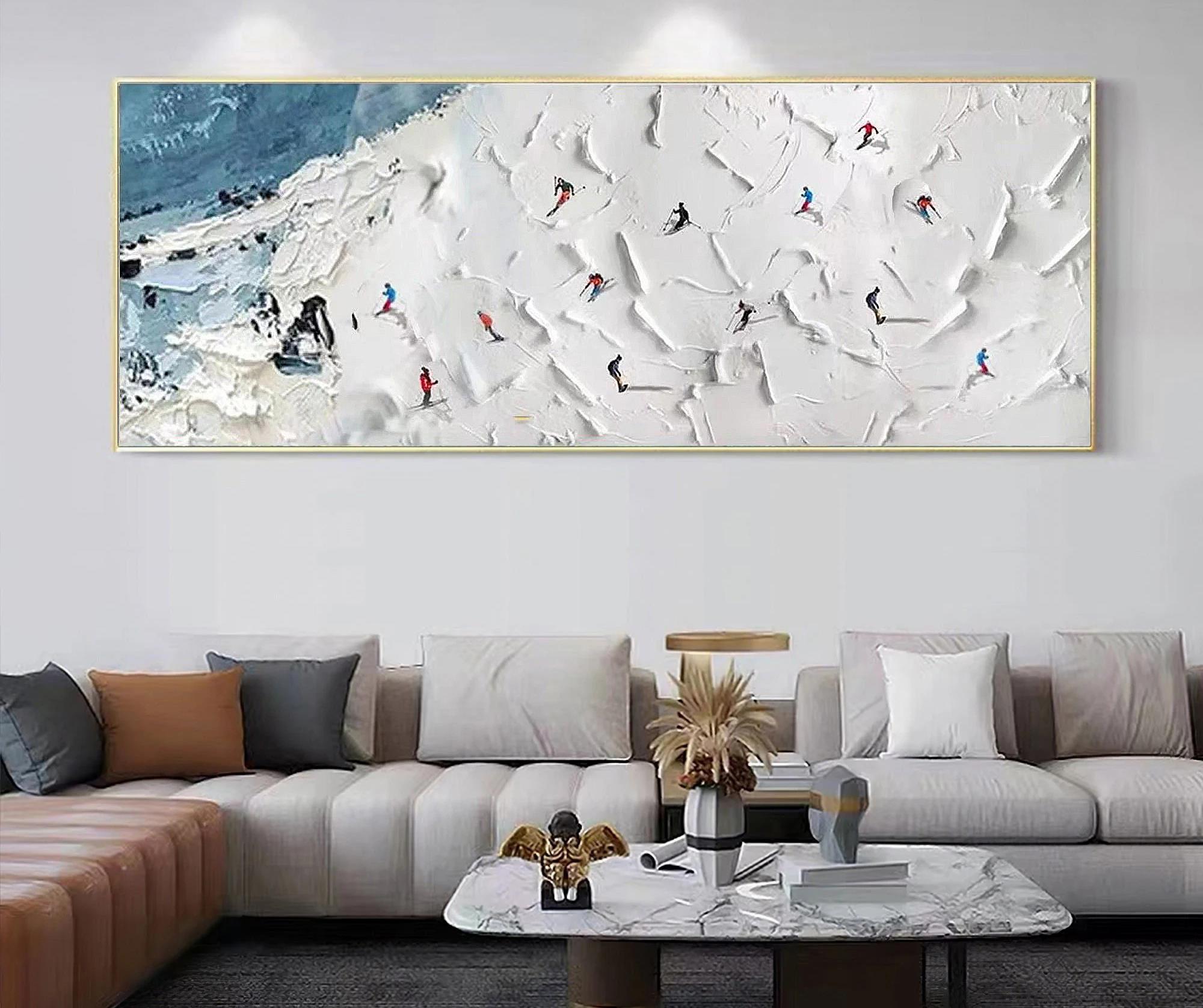 Skier on Snowy Mountain sky sport white Palette Knife wall art minimalism Oil Paintings